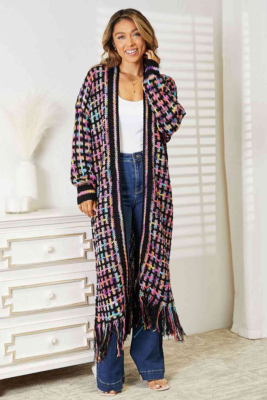 Double Take Full Size Multicolored Open Front Fringe Hem Women Cardigan