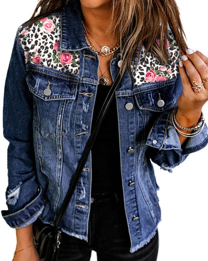 SYNZ Mixed Print Distressed Button Front Denim Women Jacket