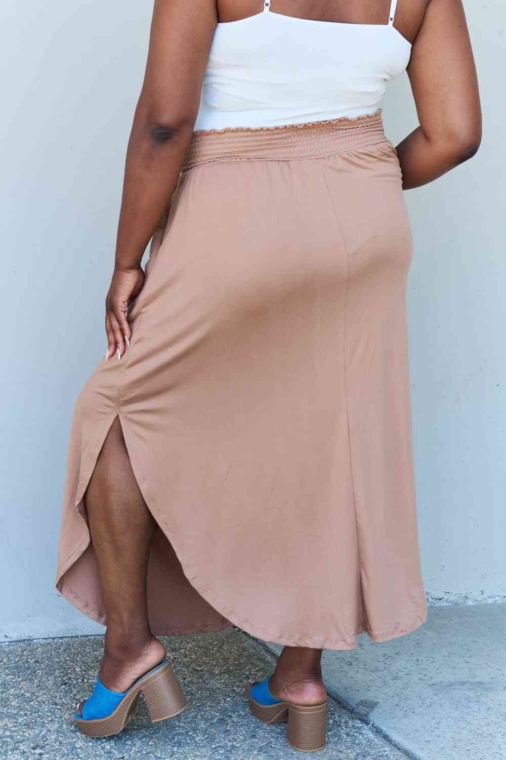 Doublju Comfort Princess Full Size High Waist Scoop Hem Women Maxi Skirt in Tan