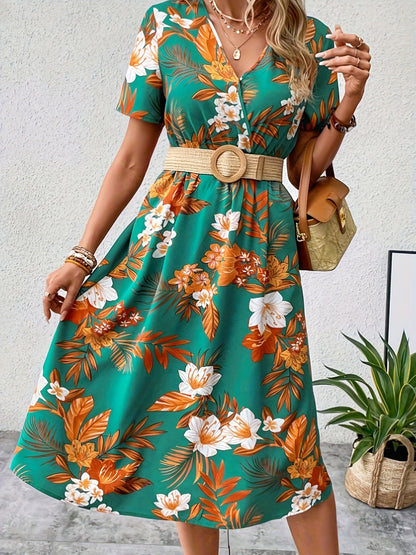 Floral Surplice Short Sleeve Women Dress