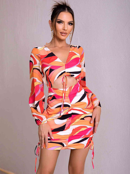 Printed Open Back Cutout Drawstring Mini Women Dress