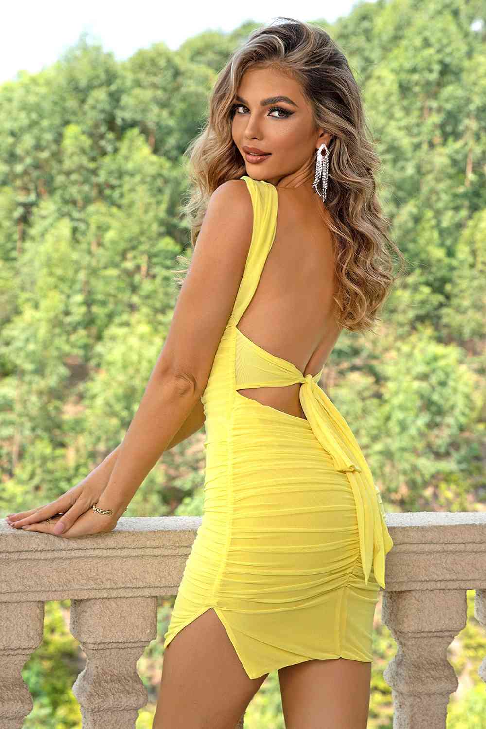 Tied Backless Ruched Slit Women Dress