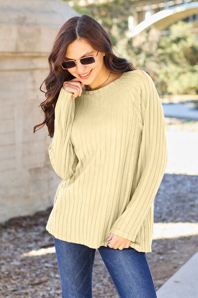 Basic Bae Full Size Ribbed Round Neck Long Sleeve Knit Women Top