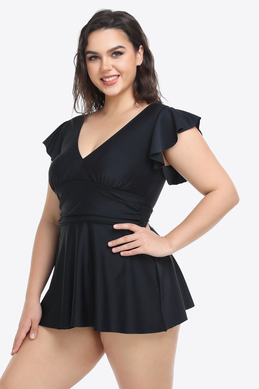 Plus Size Ruffled Plunge Swim Dress and Bottoms Set - Zara-Craft