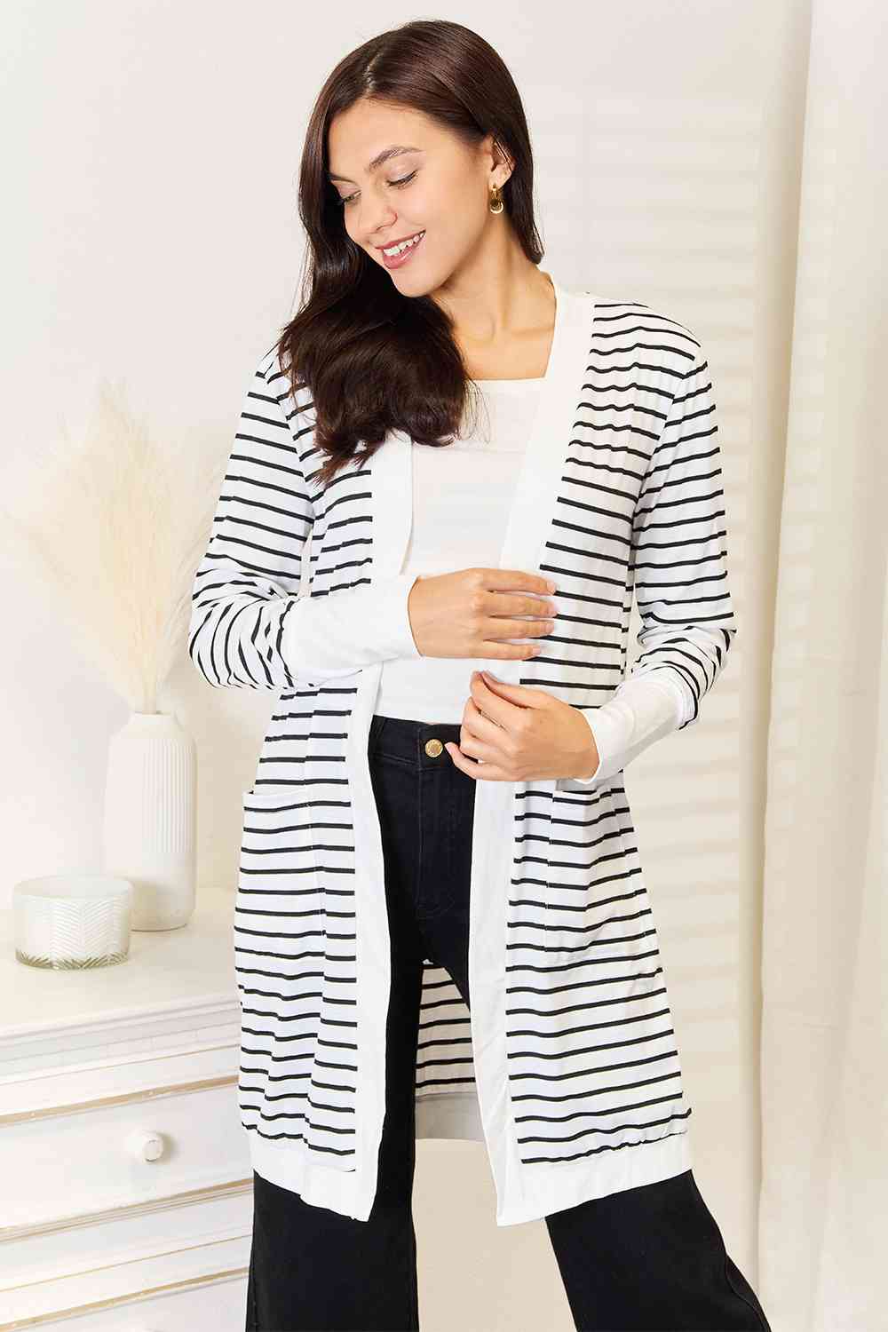 Double Take Striped Open Front Longline Women Cardigan