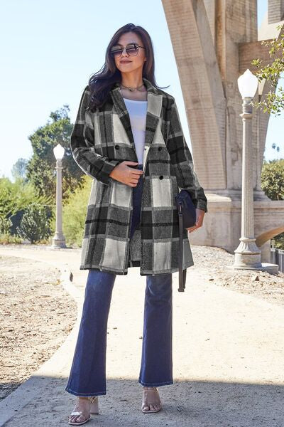 Double Take Full Size Plaid Button Up Lapel Women Collar Coat