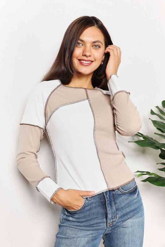 Double Take Color Block Exposed Seam Women Top