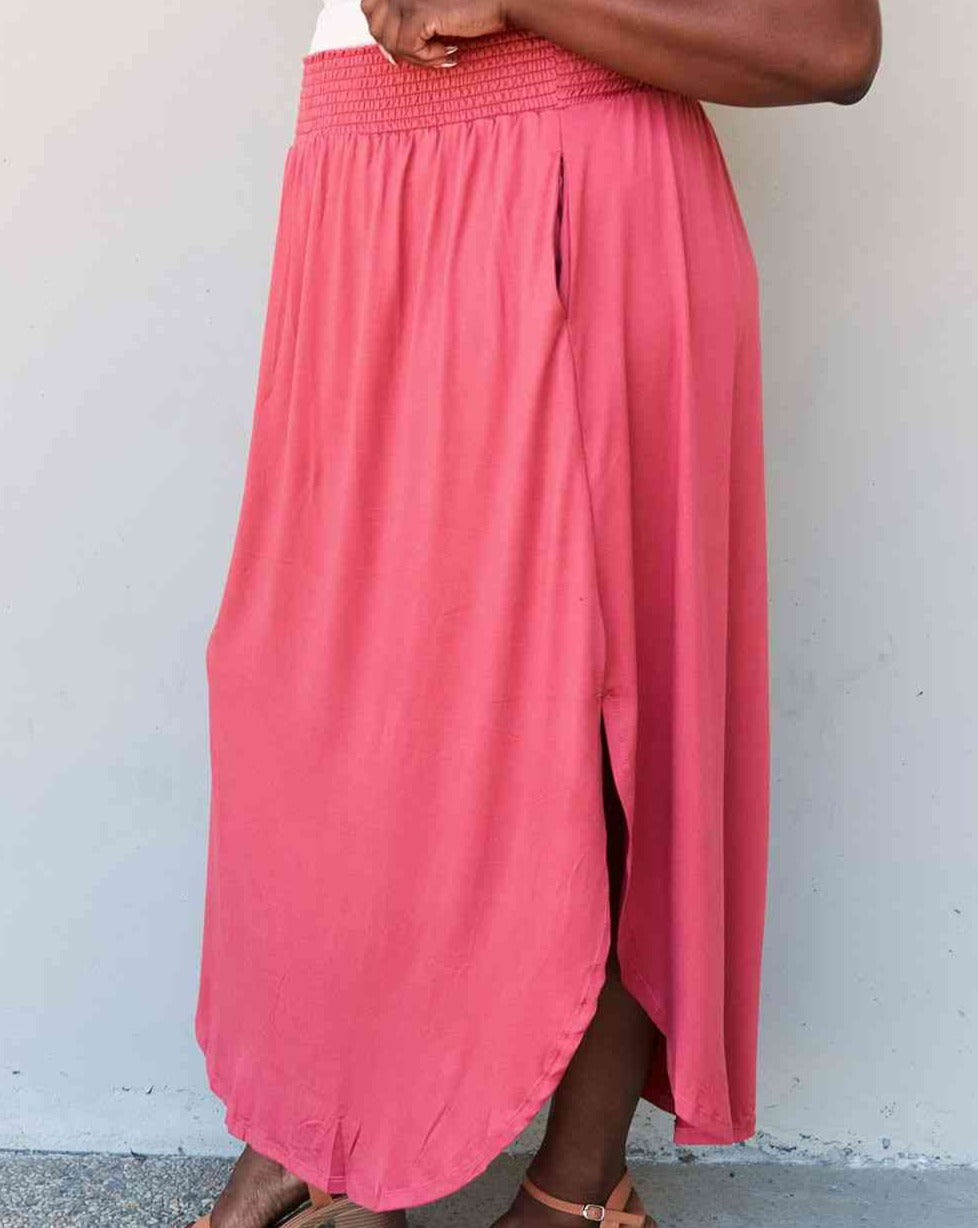 Doublju Comfort Princess Full Size High Waist Scoop Hem Women Maxi Skirt in Hot Pink