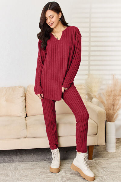 Basic Bae Full Size Notched Long Sleeve Top and Pants Women Set