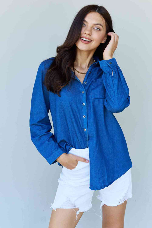 Doublju Blue Jean Baby Denim Button Down Women Shirt Top in Dark Blue