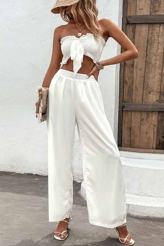 Smocked Tube Top and Wide Leg Pants Women Set