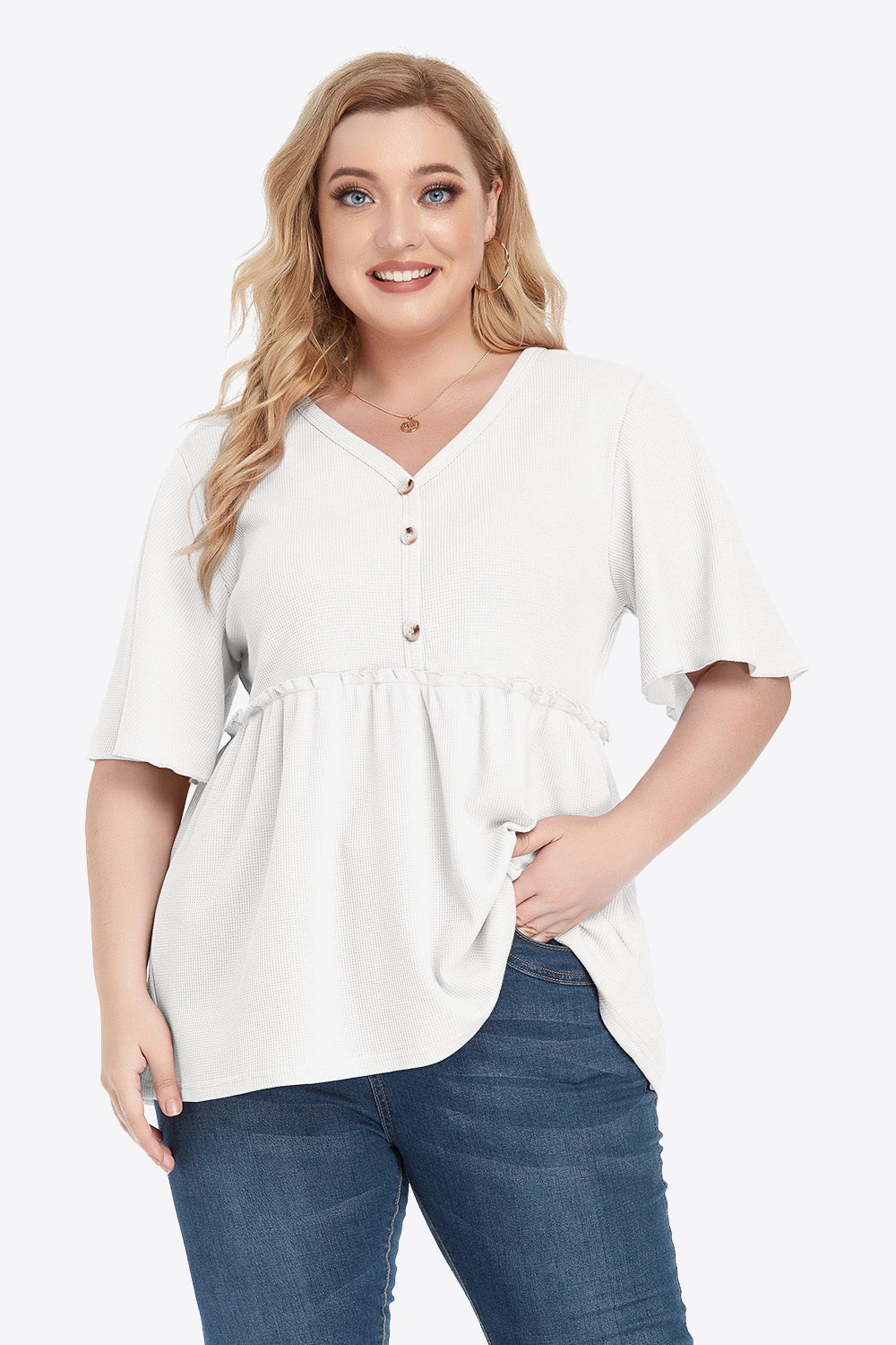 Plus Size Buttoned V-Neck Frill Trim Women Babydoll Blouse