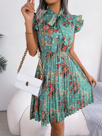 Pleated Floral Printed Tie Neck Knee Length Women Dress