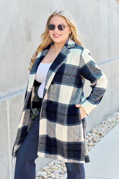 Double Take Full Size Plaid Button Up Lapel Women Collar Coat