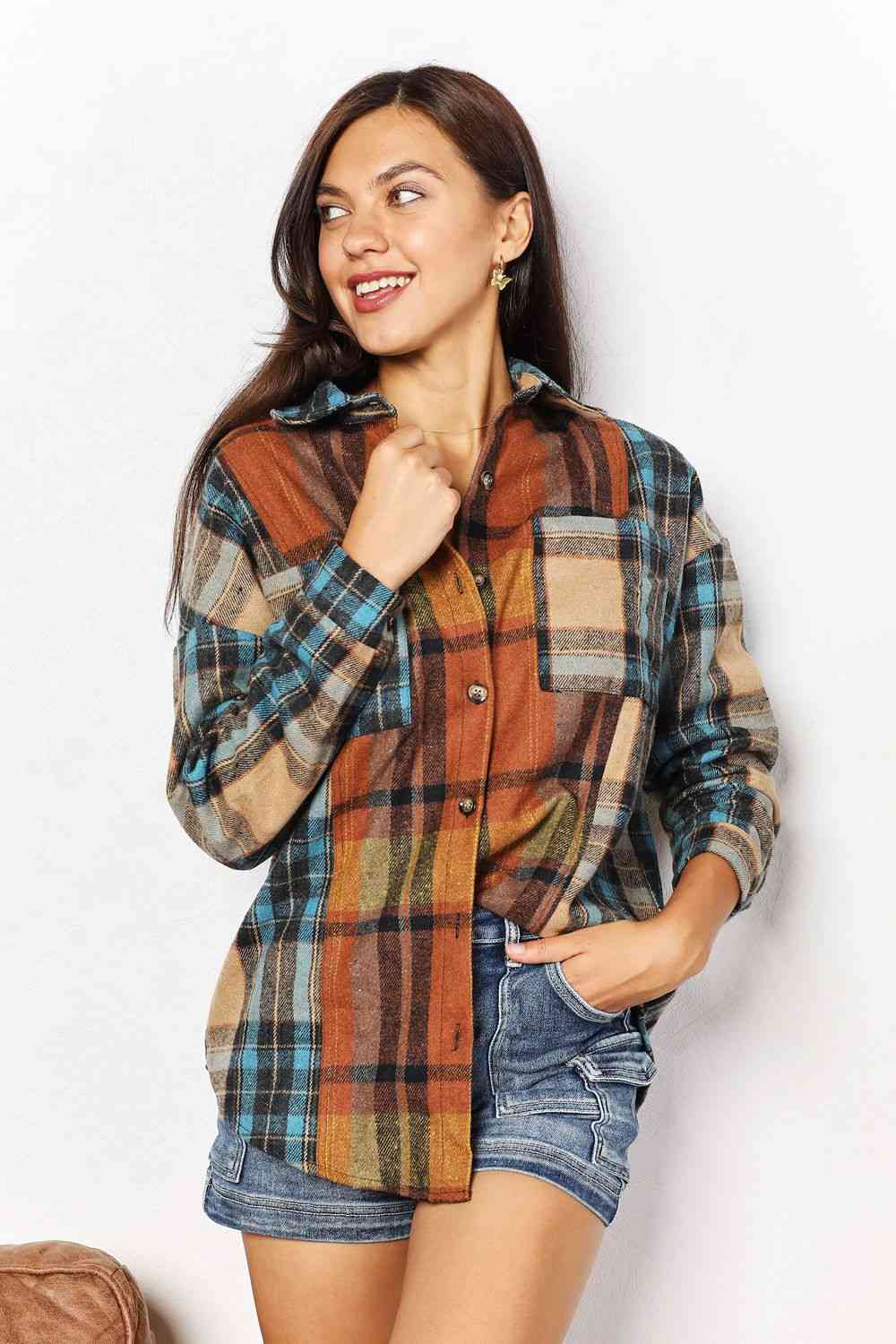 Double Take Plaid Curved Women Hem Shirt Jacket with Breast Pockets