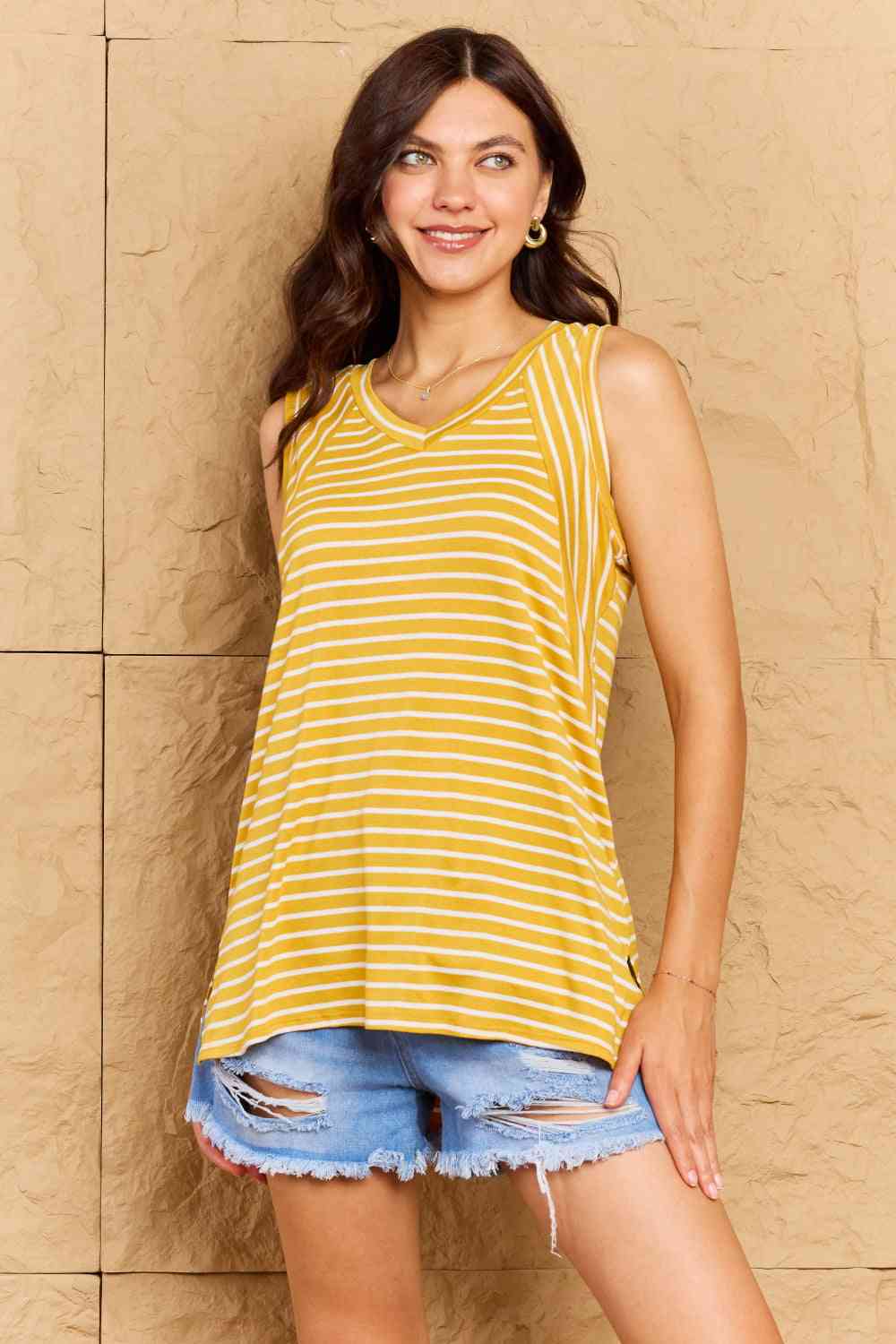 Doublju Talk To Me Full Size Striped Sleeveless V-Neck Women Top