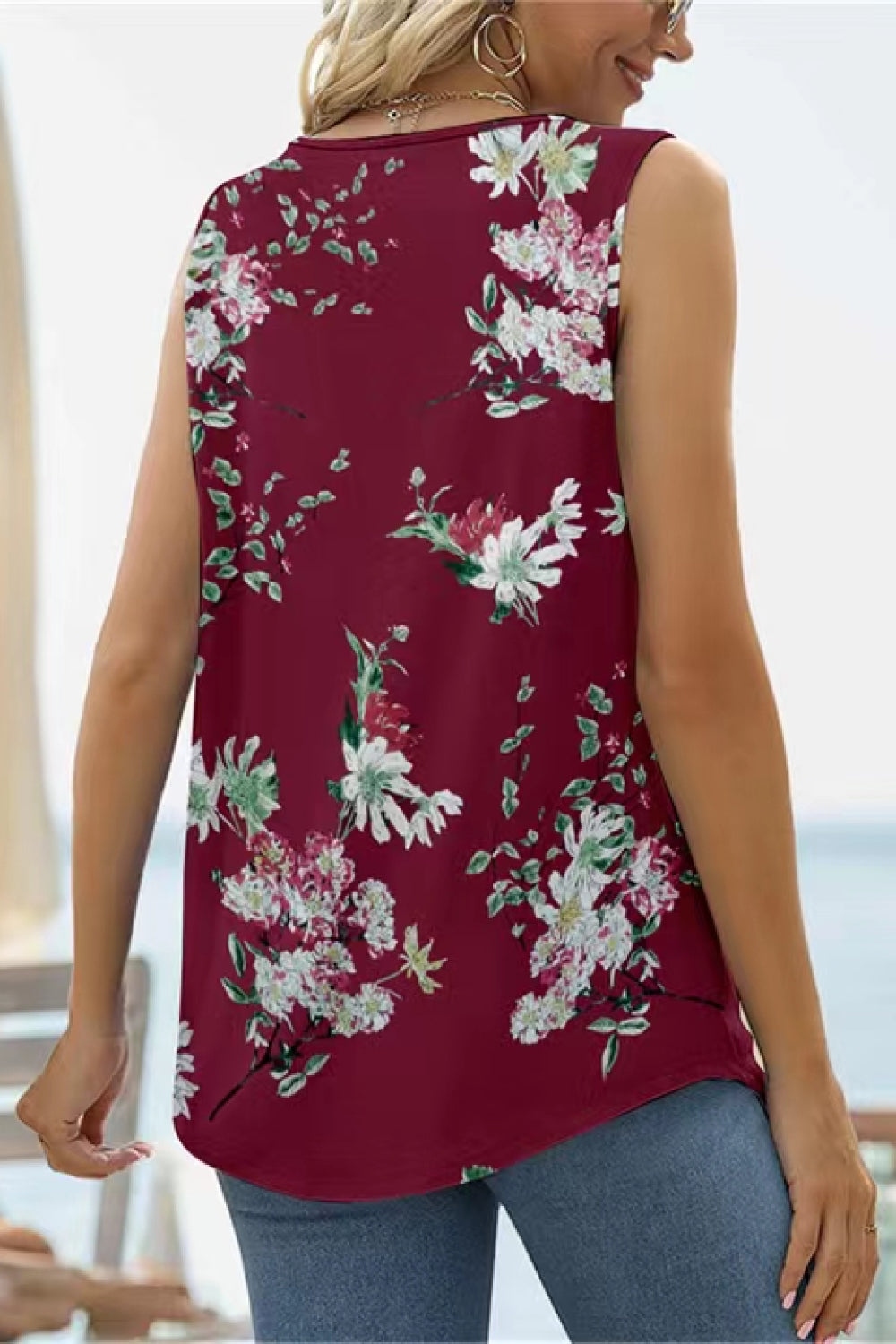 Printed Square Neck Curved Hem Women Tank