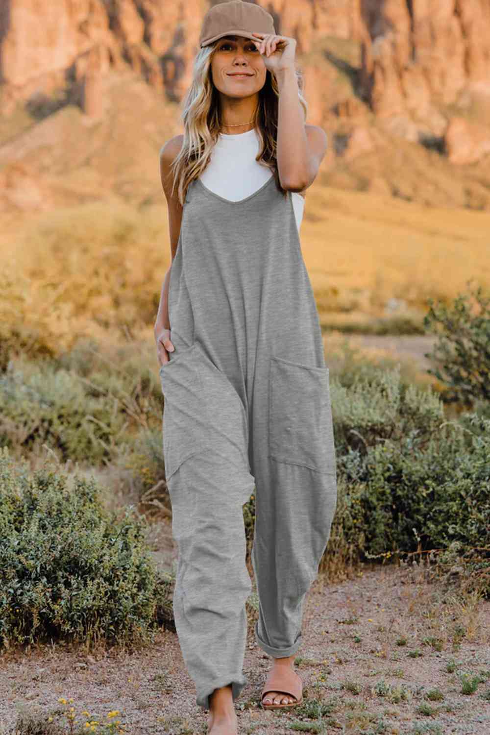 Double Take Full Size V-Neck Sleeveless Women Jumpsuit with Pockets