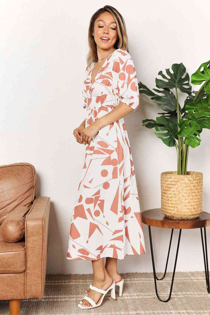 Double Take Printed Surplice Balloon Sleeve Women Dress