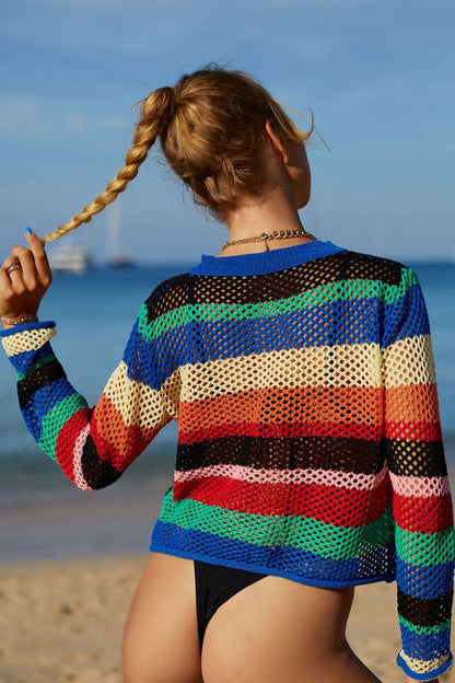 Rainbow Stripe Openwork Long Sleeve Cover-Up - Zara-Craft