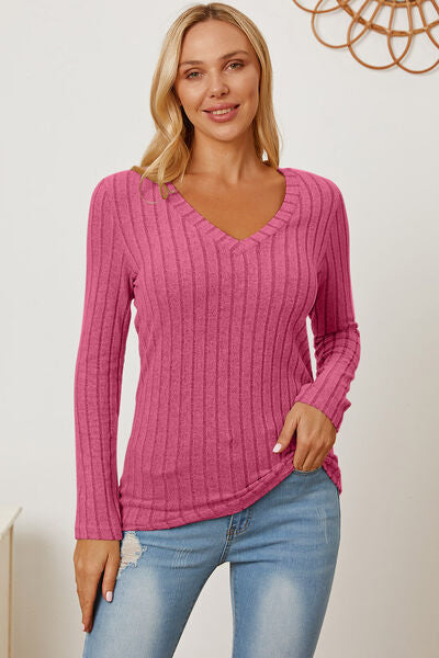 Basic Bae Full Size Ribbed V-Neck Long Sleeve Women T-Shirt