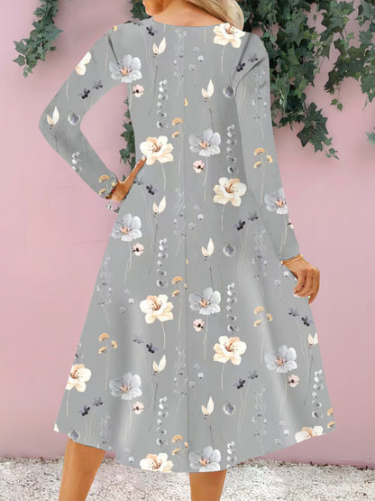 Floral Notched Long Sleeve Midi Women Dress