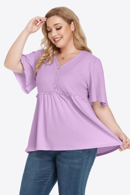 Plus Size Buttoned V-Neck Frill Trim Women Babydoll Blouse