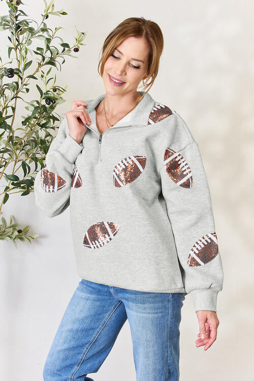 Double Take Full Size Sequin Football Half Zip Long Sleeve Women Sweatshirt