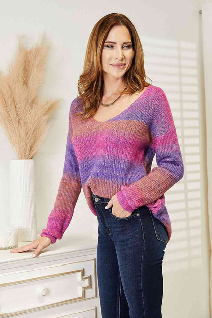 Double Take Multicolored Rib-Knit V-Neck Knit Women Pullover