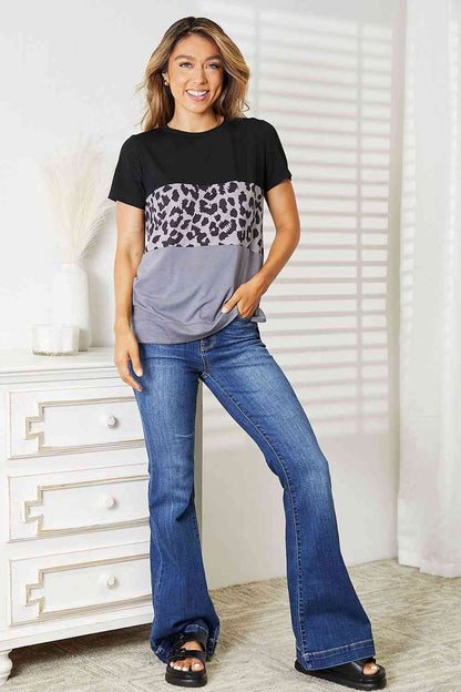 Double Take Leopard Print Color Block Short Sleeve Women T-Shirt