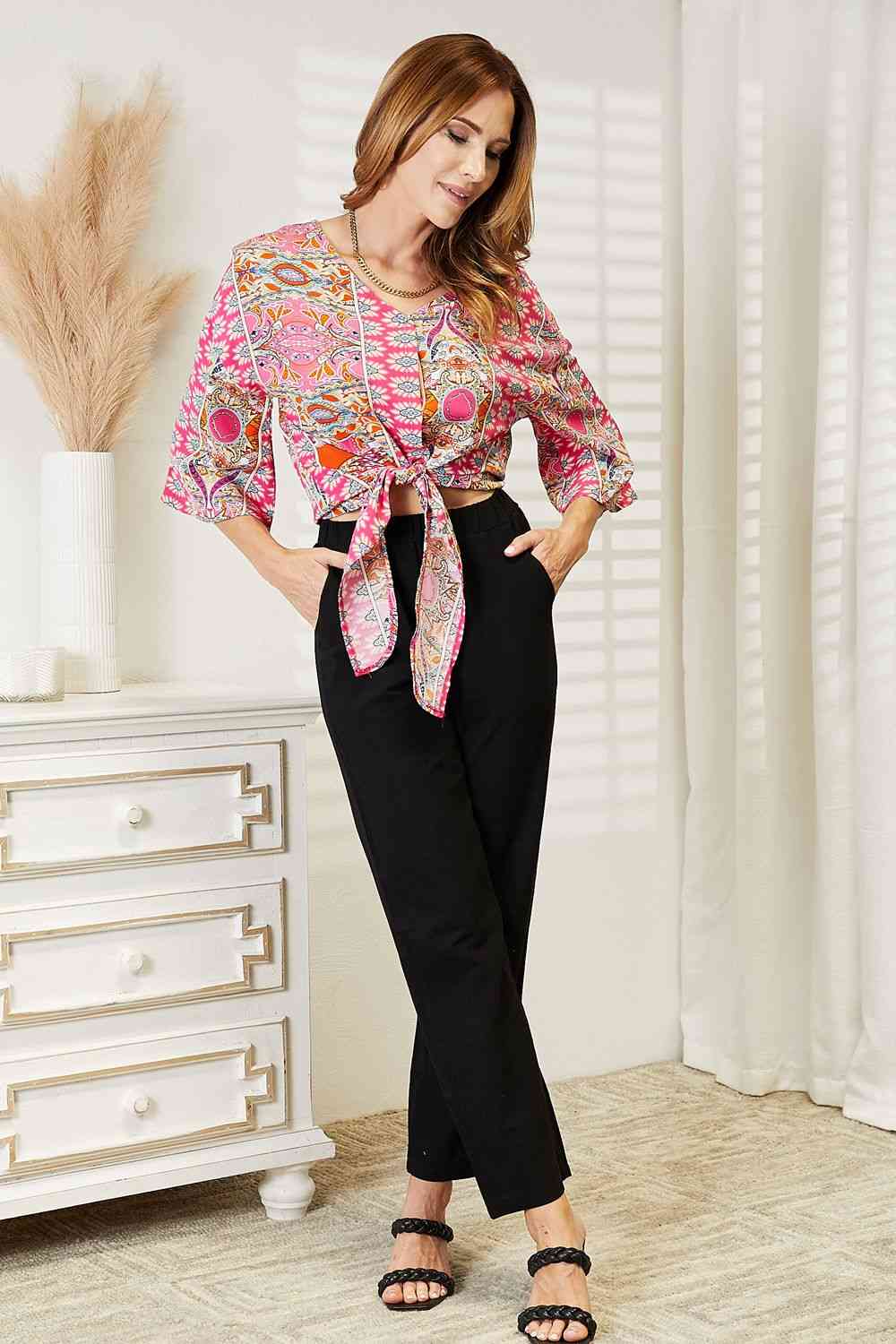 Double Take Tie Hem V-Neck Three-Quarter Sleeve Women Blouse