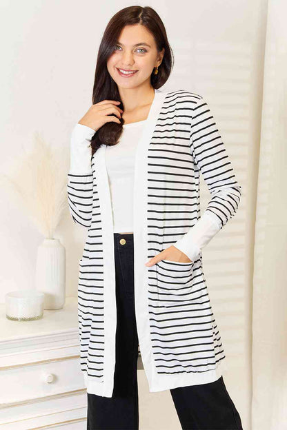 Double Take Striped Open Front Longline Women Cardigan