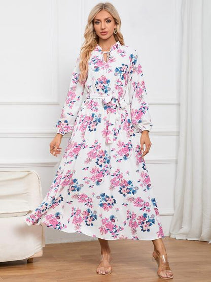 Floral Tie Front Balloon Sleeve Women Dress