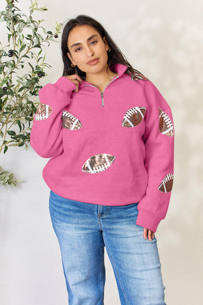 Double Take Full Size Sequin Football Half Zip Long Sleeve Women Sweatshirt