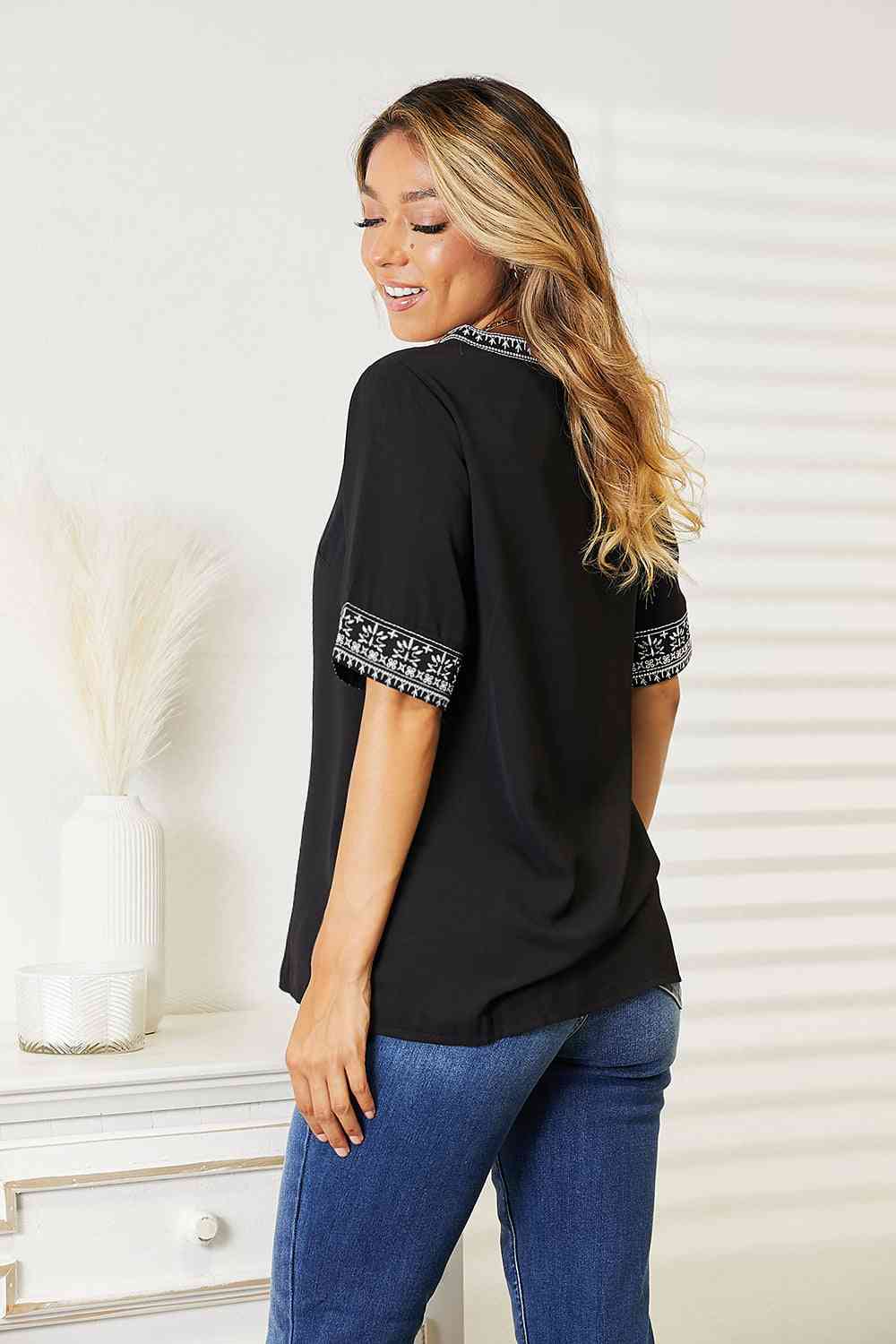 Double Take Embroidered Notched Neck Women Top