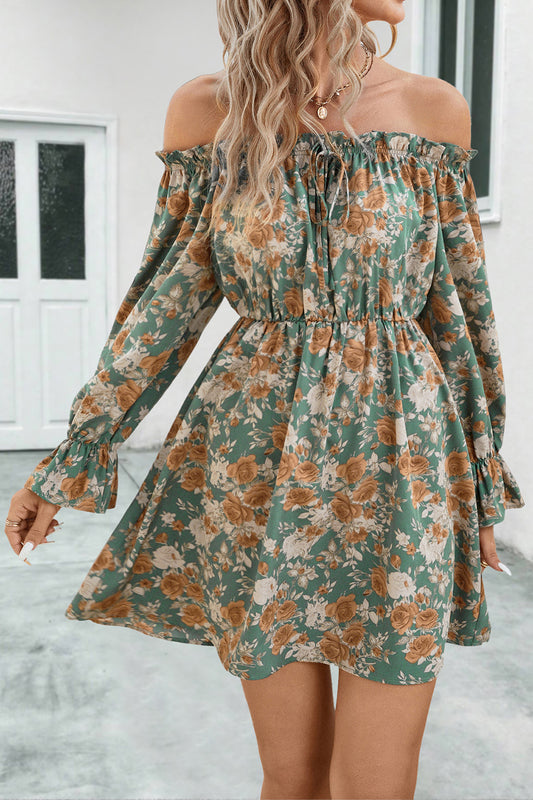 Floral Off-Shoulder Flounce Sleeve Women Dress