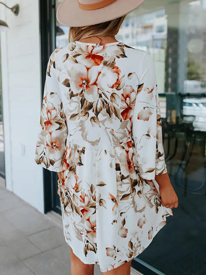 Floral V-Neck Three-Quarter Sleeve Women Dress