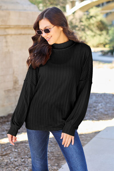 Basic Bae Full Size Ribbed Exposed Seam Mock Neck Knit Women Top