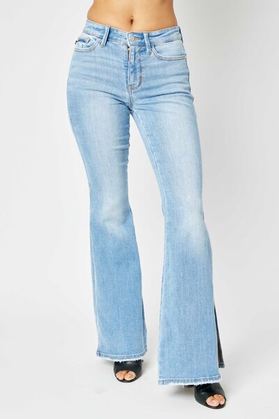 Judy Blue Full Size Mid Rise Raw Hem Slit Flare Women Jeans