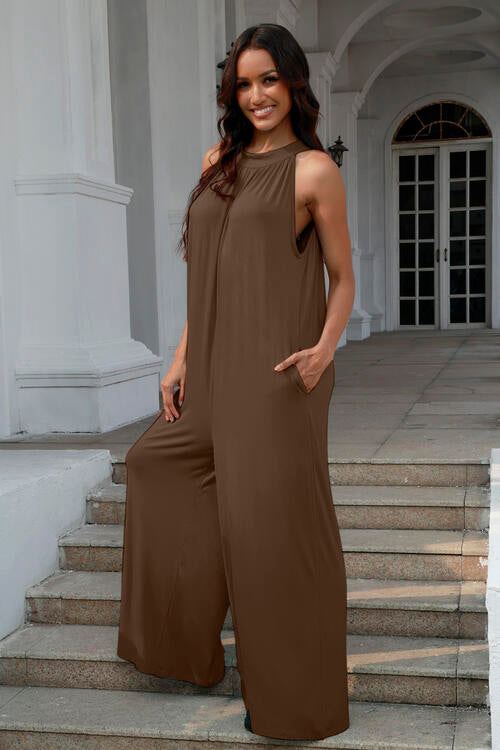 Double Take Full Size Tie Back Cutout Sleeveless Women Jumpsuit