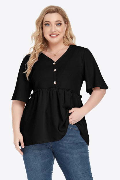 Plus Size Buttoned V-Neck Frill Trim Women Babydoll Blouse