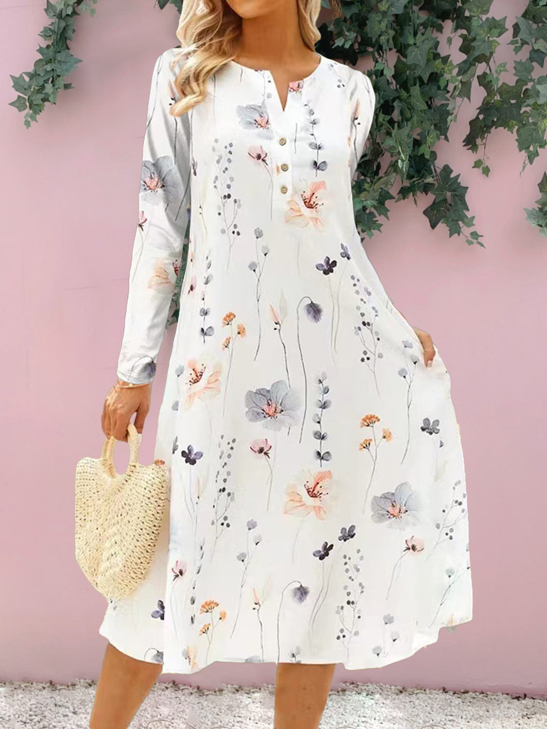 Floral Notched Long Sleeve Midi Women Dress