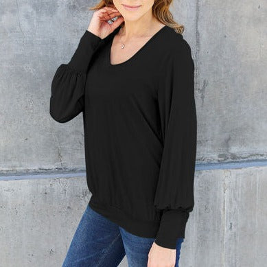 Basic Bae Full Size V-Neck Lantern Sleeve Women Blouse