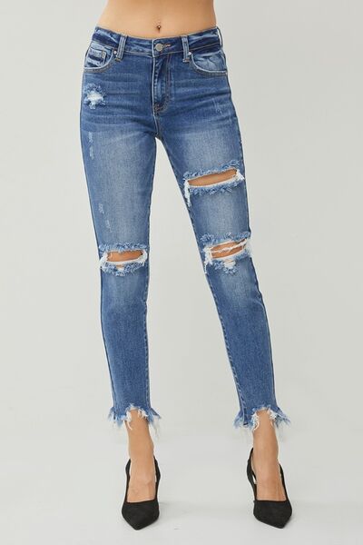 RISEN Distressed Frayed Hem Slim Women Jeans