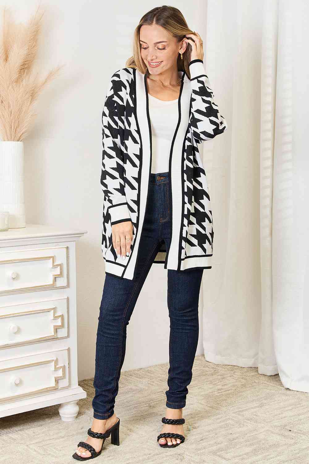 Mandy Woven Right Houndstooth Open Front Longline Women Cardigan