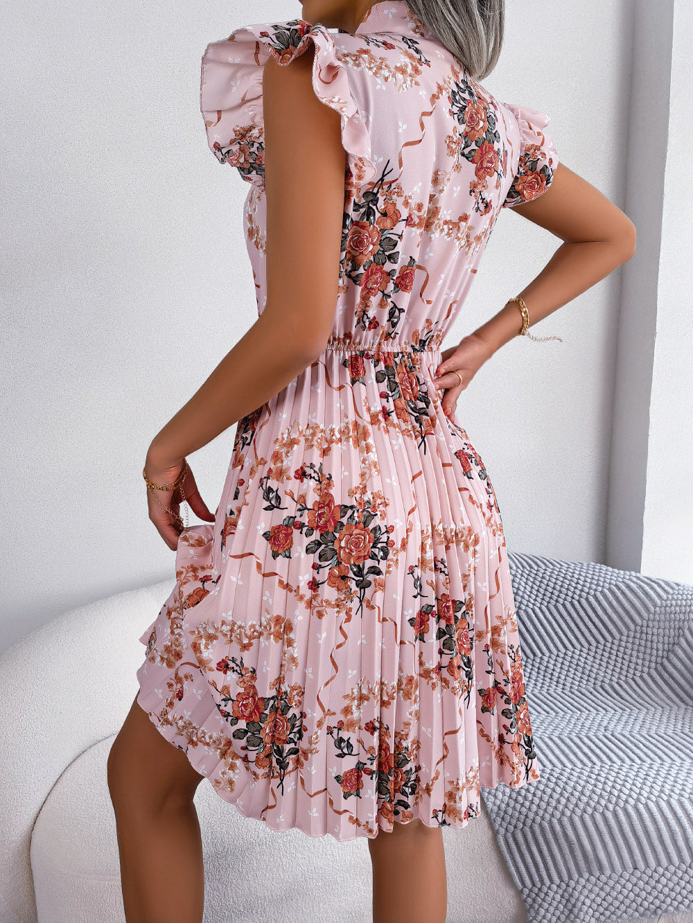 Pleated Floral Printed Tie Neck Knee Length Women Dress