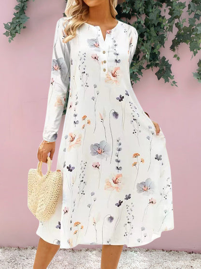 Floral Notched Long Sleeve Midi Women Dress