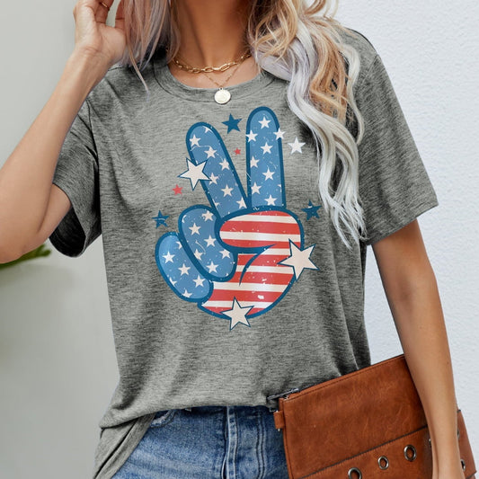 US Flag Peace Sign Hand Graphic Women Tee Shirt
