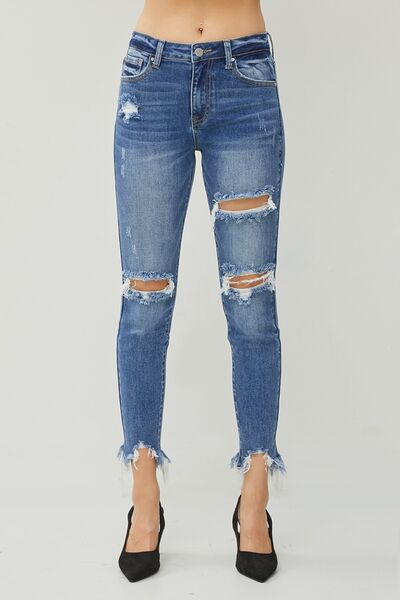 RISEN Distressed Frayed Hem Slim Women Jeans