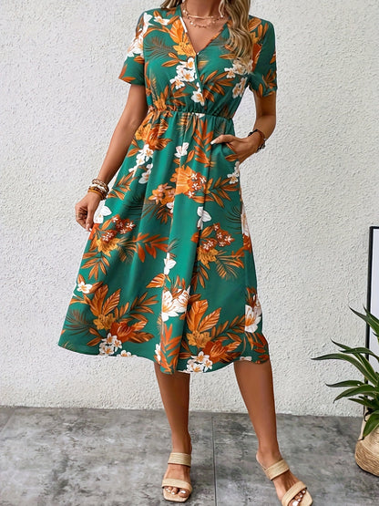 Floral Surplice Short Sleeve Women Dress